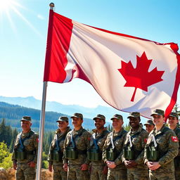 A vibrant and detailed scene featuring the Canadian flag waving proudly in the foreground, with several soldiers in full combat gear standing at attention