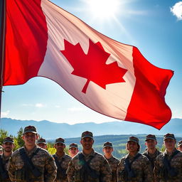 A vibrant and detailed scene featuring the Canadian flag waving proudly in the foreground, with several soldiers in full combat gear standing at attention