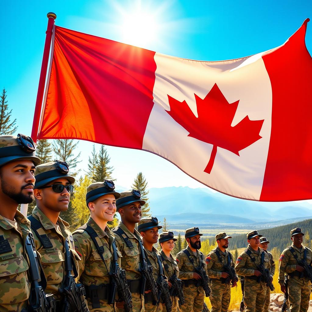 A vibrant and detailed scene featuring the Canadian flag waving proudly in the foreground, with several soldiers in full combat gear standing at attention