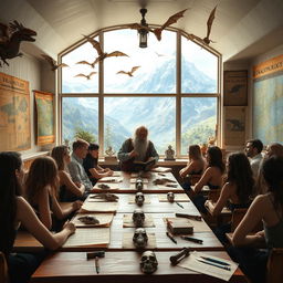 A fantasy classroom dedicated to Draconology, beautifully decorated with dragon-themed artwork and antique maps of dragon habitats