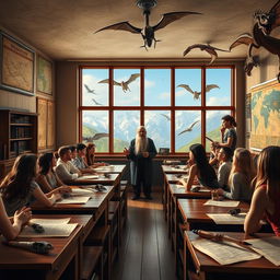 A fantasy classroom dedicated to Draconology, beautifully decorated with dragon-themed artwork and antique maps of dragon habitats