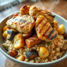 A side view of a beautifully arranged dish showcasing a mixture of fried eggplant slices, fried potato slices, and fried cauliflower pieces, all nestled beneath a generous layer of cooked bulgur