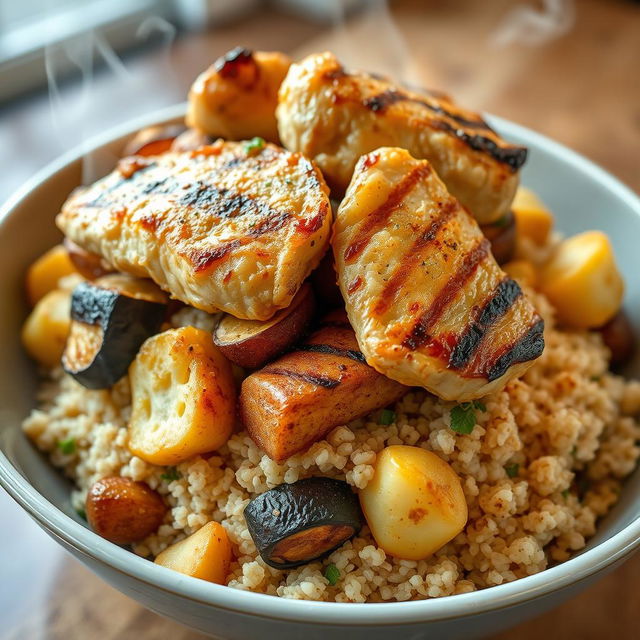 A side view of a beautifully arranged dish showcasing a mixture of fried eggplant slices, fried potato slices, and fried cauliflower pieces, all nestled beneath a generous layer of cooked bulgur