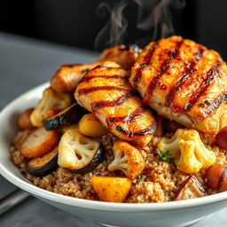 A side view of a beautifully arranged dish showcasing a mixture of fried eggplant slices, fried potato slices, and fried cauliflower pieces, all nestled beneath a generous layer of cooked bulgur