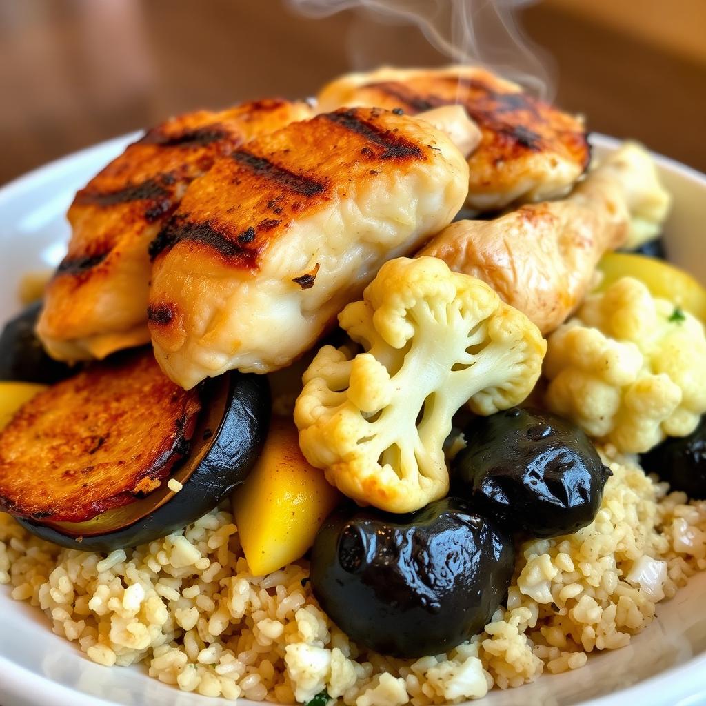 A side view of a beautifully arranged dish showcasing a mixture of fried eggplant slices, fried potato slices, and fried cauliflower pieces, all nestled beneath a generous layer of cooked bulgur