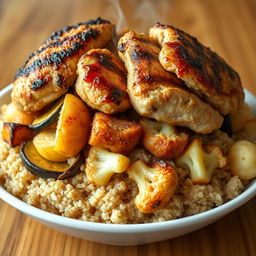 A side view of a beautifully arranged dish showcasing a mixture of fried eggplant slices, fried potato slices, and fried cauliflower pieces, all nestled beneath a generous layer of cooked bulgur