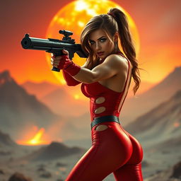 A daring bounty hunter in a revealing red jumpsuit with cutouts along her curves, aiming her plasma gun with confidence