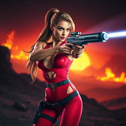 A daring bounty hunter in a revealing red jumpsuit with cutouts along her curves, aiming her plasma gun with confidence