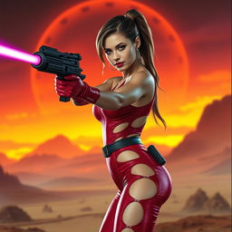A daring bounty hunter in a revealing red jumpsuit with cutouts along her curves, aiming her plasma gun with confidence