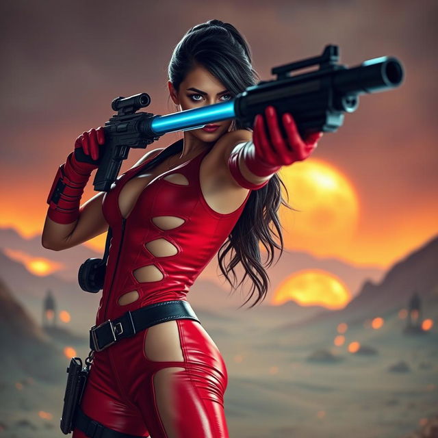 A daring bounty hunter in a revealing red jumpsuit with cutouts along her curves, aiming her plasma gun with confidence