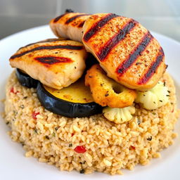 A side view of a beautifully presented dish featuring layers of cooked bulgur wheat topped with slices of fried eggplant, fried potato, and fried cauliflower, all hidden underneath the bulgur