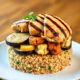 A side view of a beautifully presented dish featuring layers of cooked bulgur wheat topped with slices of fried eggplant, fried potato, and fried cauliflower, all hidden underneath the bulgur
