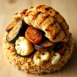 A side view of a beautifully presented dish featuring layers of cooked bulgur wheat topped with slices of fried eggplant, fried potato, and fried cauliflower, all hidden underneath the bulgur