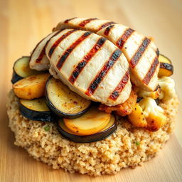 A side view of a beautifully presented dish featuring layers of cooked bulgur wheat topped with slices of fried eggplant, fried potato, and fried cauliflower, all hidden underneath the bulgur