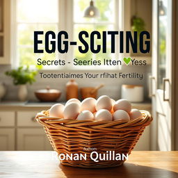 A vibrant and realistic kitchen filled with sunlight, featuring a large basket of fresh eggs prominently displayed