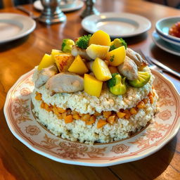 A beautifully arranged dish featuring layers of ingredients: fluffy, white bulgur in the base, topped with generous servings of roasted chicken pieces, garnished with slices of vibrant yellow potatoes and fresh green cauliflower florets