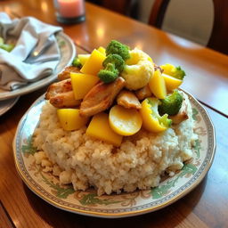 A beautifully arranged dish featuring layers of ingredients: fluffy, white bulgur in the base, topped with generous servings of roasted chicken pieces, garnished with slices of vibrant yellow potatoes and fresh green cauliflower florets