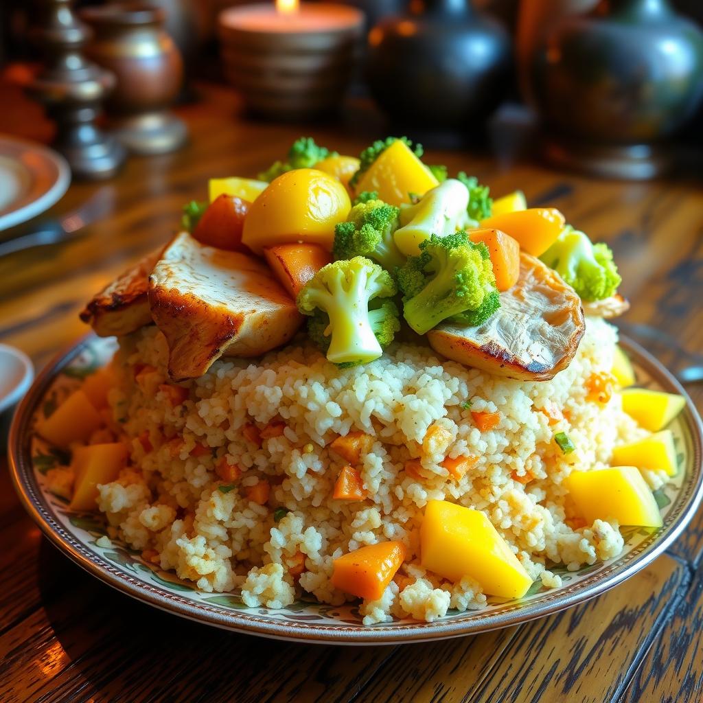 A beautifully arranged dish featuring layers of ingredients: fluffy, white bulgur in the base, topped with generous servings of roasted chicken pieces, garnished with slices of vibrant yellow potatoes and fresh green cauliflower florets