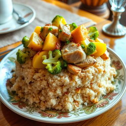 A beautifully arranged dish featuring layers of ingredients: fluffy, white bulgur in the base, topped with generous servings of roasted chicken pieces, garnished with slices of vibrant yellow potatoes and fresh green cauliflower florets