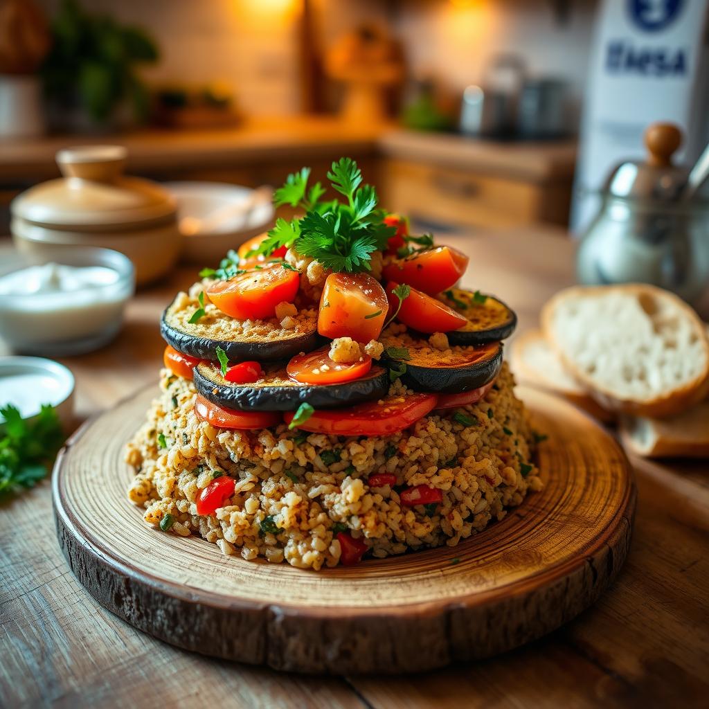 A delicious dish of bulgur upside-down casserole, showcasing layers of perfectly cooked bulgur grain and vibrant vegetables like eggplants, tomatoes, and peppers, garnished with fresh parsley