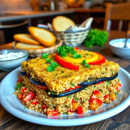 A delicious dish of bulgur upside-down casserole, showcasing layers of perfectly cooked bulgur grain and vibrant vegetables like eggplants, tomatoes, and peppers, garnished with fresh parsley