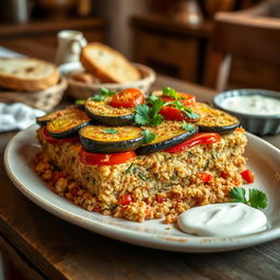 A delicious dish of bulgur upside-down casserole, showcasing layers of perfectly cooked bulgur grain and vibrant vegetables like eggplants, tomatoes, and peppers, garnished with fresh parsley