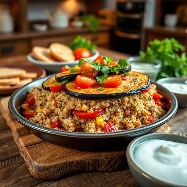 A delicious dish of bulgur upside-down casserole, showcasing layers of perfectly cooked bulgur grain and vibrant vegetables like eggplants, tomatoes, and peppers, garnished with fresh parsley