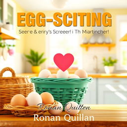 A vibrant, sunny kitchen setting with a realistic depiction, featuring a basket of fresh eggs prominently displayed