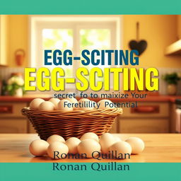 A vibrant, sunny kitchen setting with a realistic depiction, featuring a basket of fresh eggs prominently displayed