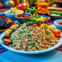 A beautifully arranged plate of bulgur upside-down rice dish, known as Makloubeh, garnished with fresh herbs such as parsley and mint, accompanied by colorful vegetables like roasted eggplant, cauliflower, and carrots
