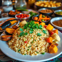 A beautifully arranged plate of bulgur upside-down rice dish, known as Makloubeh, garnished with fresh herbs such as parsley and mint, accompanied by colorful vegetables like roasted eggplant, cauliflower, and carrots