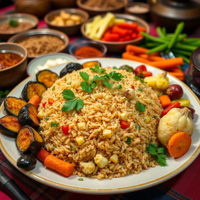 A beautifully arranged plate of bulgur upside-down rice dish, known as Makloubeh, garnished with fresh herbs such as parsley and mint, accompanied by colorful vegetables like roasted eggplant, cauliflower, and carrots