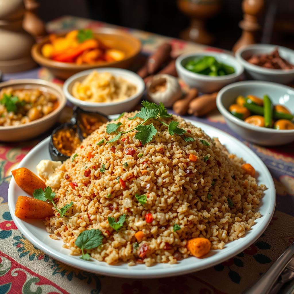 A beautifully arranged plate of bulgur upside-down rice dish, known as Makloubeh, garnished with fresh herbs such as parsley and mint, accompanied by colorful vegetables like roasted eggplant, cauliflower, and carrots