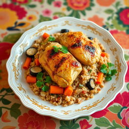 A beautifully presented plate of chicken upside-down rice (Maqluba) with bulgur, showcasing the golden-brown chicken pieces on top, surrounded by colorful vegetables like carrots and eggplants, garnished with fresh parsley