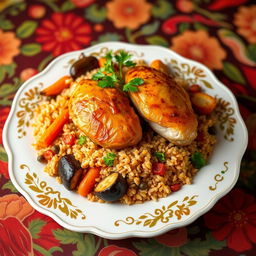 A beautifully presented plate of chicken upside-down rice (Maqluba) with bulgur, showcasing the golden-brown chicken pieces on top, surrounded by colorful vegetables like carrots and eggplants, garnished with fresh parsley