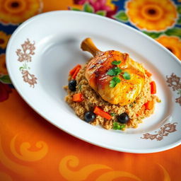 A beautifully presented plate of chicken upside-down rice (Maqluba) with bulgur, showcasing the golden-brown chicken pieces on top, surrounded by colorful vegetables like carrots and eggplants, garnished with fresh parsley