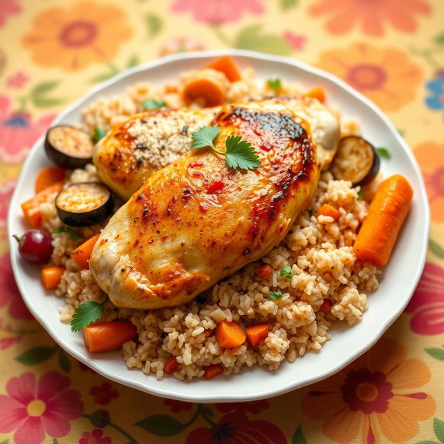 A beautifully presented plate of chicken upside-down rice (Maqluba) with bulgur, showcasing the golden-brown chicken pieces on top, surrounded by colorful vegetables like carrots and eggplants, garnished with fresh parsley