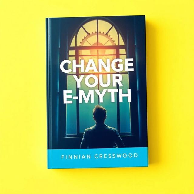 A flat book cover design for 'Change Your E-Myth' by Finnian Cresswood, featuring a realistic, vibrant image of a person contemplating in front of a window with bright light streaming in, symbolizing change and new ideas