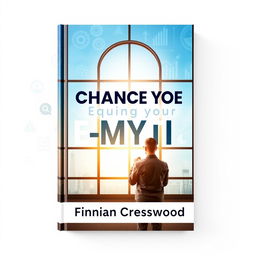 A flat book cover design for 'Change Your E-Myth' by Finnian Cresswood, featuring a realistic, vibrant image of a person contemplating in front of a window with bright light streaming in, symbolizing change and new ideas
