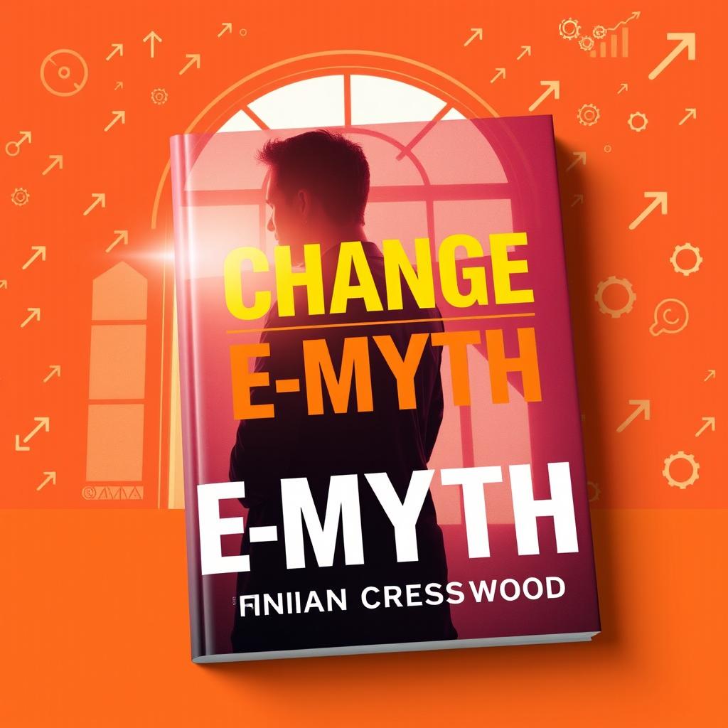 A flat book cover design for 'Change Your E-Myth' by Finnian Cresswood, featuring a realistic, vibrant image of a person contemplating in front of a window with bright light streaming in, symbolizing change and new ideas