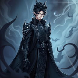A striking manhwa character depicted as a handsome, cold devil demon king