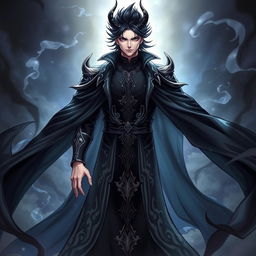 A striking manhwa character depicted as a handsome, cold devil demon king