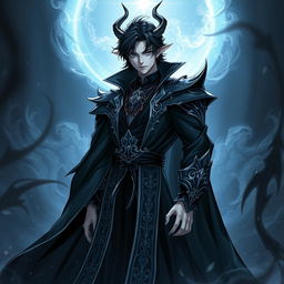 A striking manhwa character depicted as a handsome, cold devil demon king