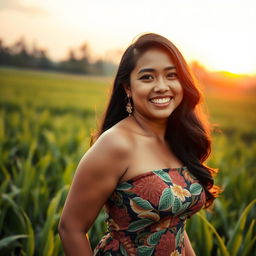 A beautiful Indonesian woman with a curvy figure, wearing a stylish traditional batik dress that elegantly highlights her silhouette
