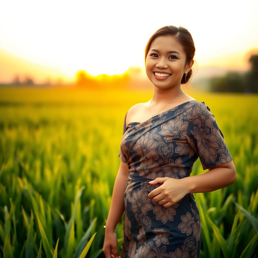 A beautiful Indonesian woman with a curvy figure, wearing a stylish traditional batik dress that elegantly highlights her silhouette