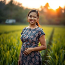 A beautiful Indonesian woman with a curvy figure, wearing a stylish traditional batik dress that elegantly highlights her silhouette