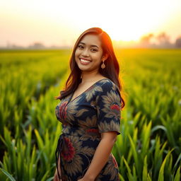 A beautiful Indonesian woman with a curvy figure, wearing a stylish traditional batik dress that elegantly highlights her silhouette