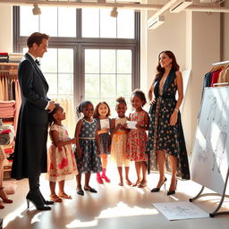 A heartwarming scene depicting French fashion designers donating money to orphans