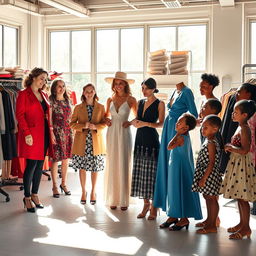 A heartwarming scene depicting French fashion designers donating money to orphans