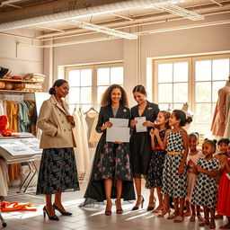A heartwarming scene depicting French fashion designers donating money to orphans